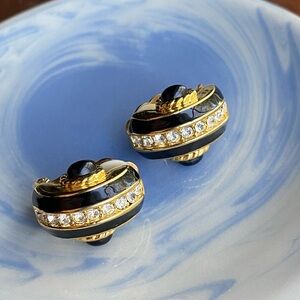 Vintage Black and Rhinestone Clip On Statement Earrings